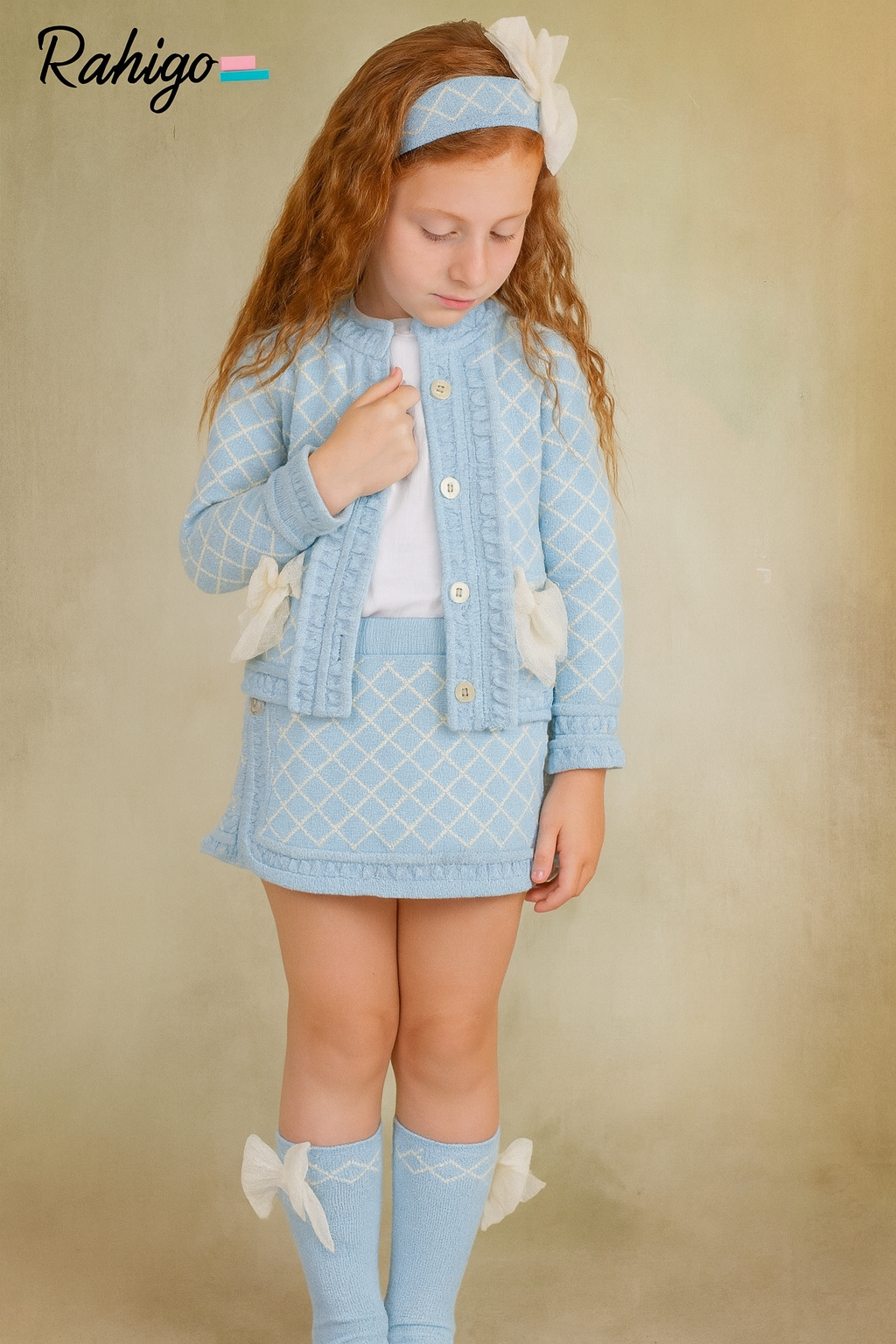 Pre Order New In Girls Rahigo SS26 3pc Cardigan Skirt Blouse ( Baby Blue Cream )