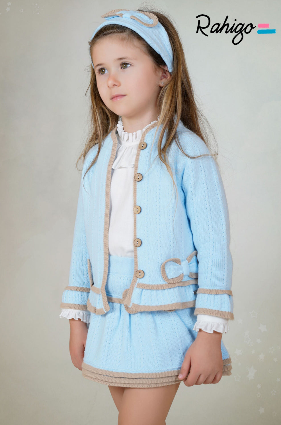 New In Rahigo AW25 Girls Skirt, Blouse, Cardigan 3pc - BLUE - CAMEL
