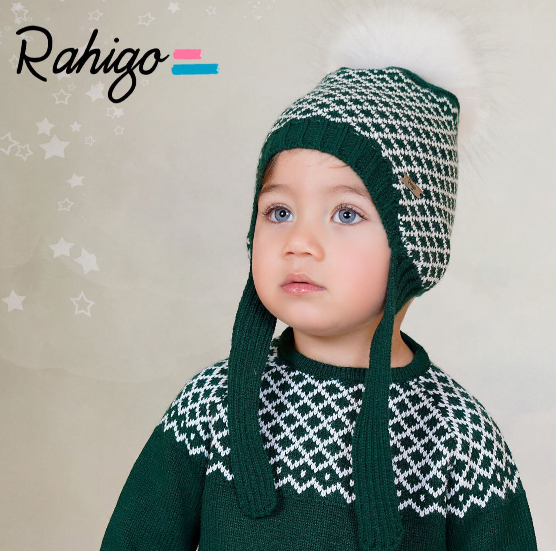 PRE-ORDER New In Rahigo AW25 PomPom Hat w/ Ear Flaps - BOTTLE GREEN - CREAM
