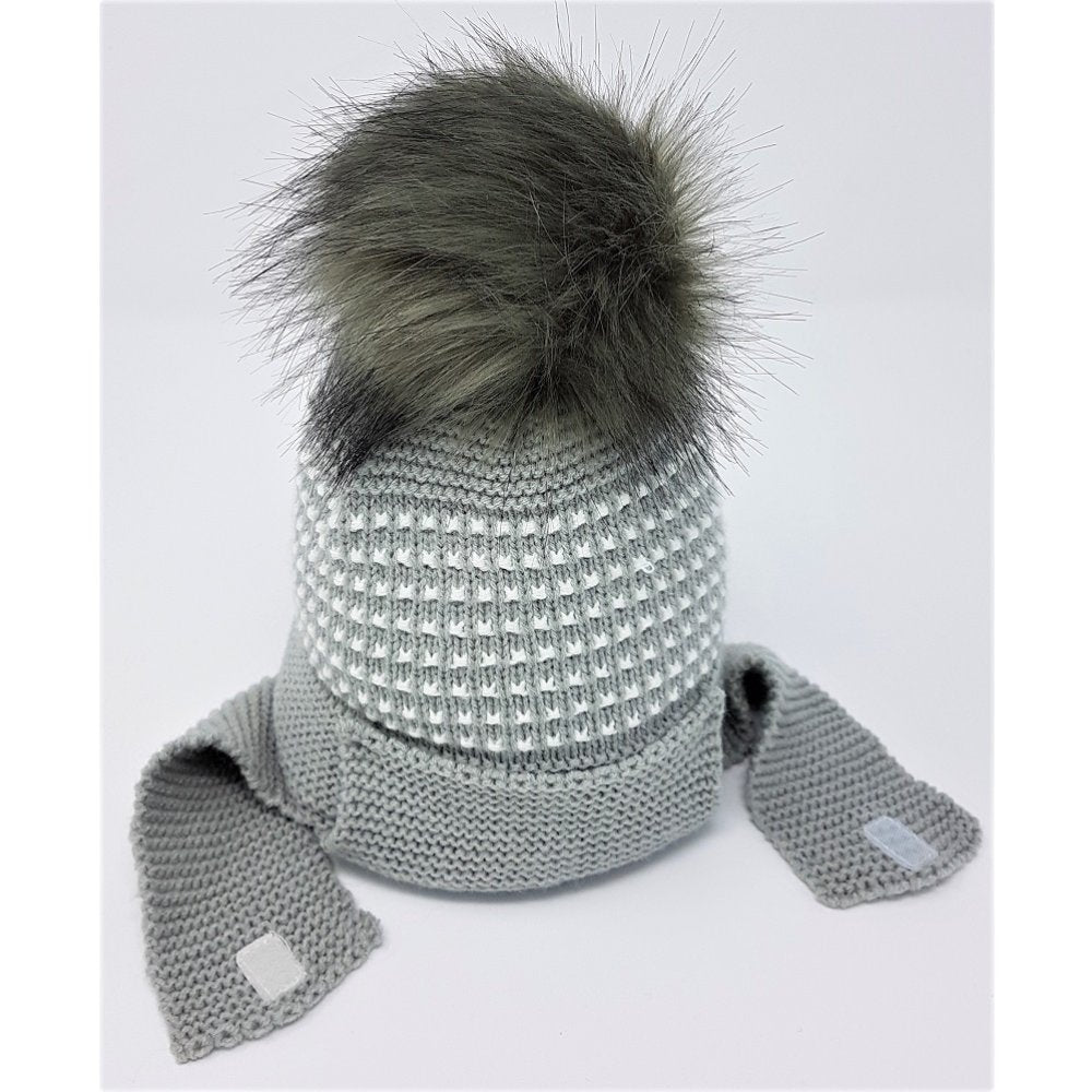 Baby PomPom Hat w/ Chin Strap - Grey