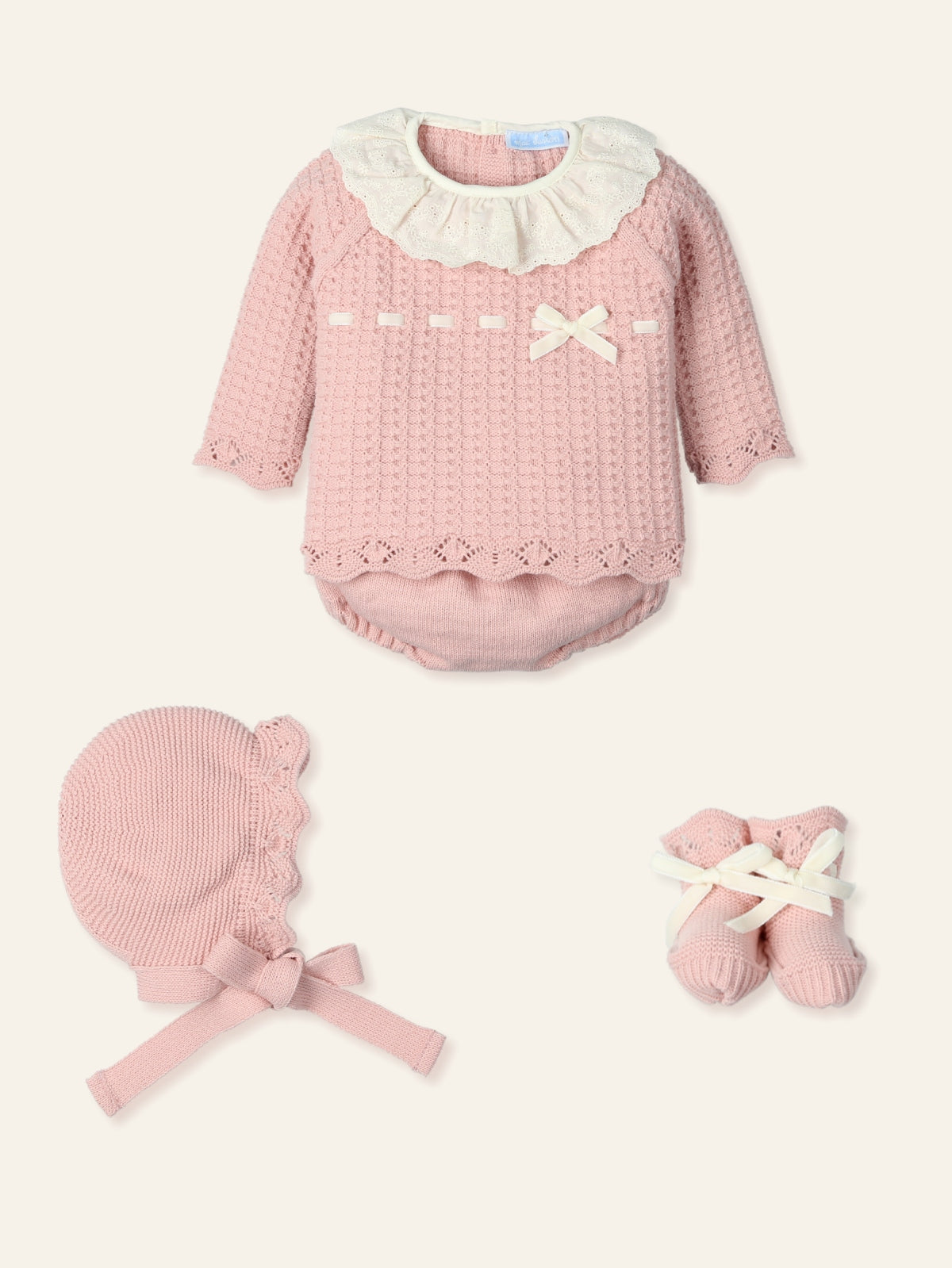 New In Mac Illusion Girls Sweater w/ Ruffle Lace Collar & Jam Pants, Hat & Booties