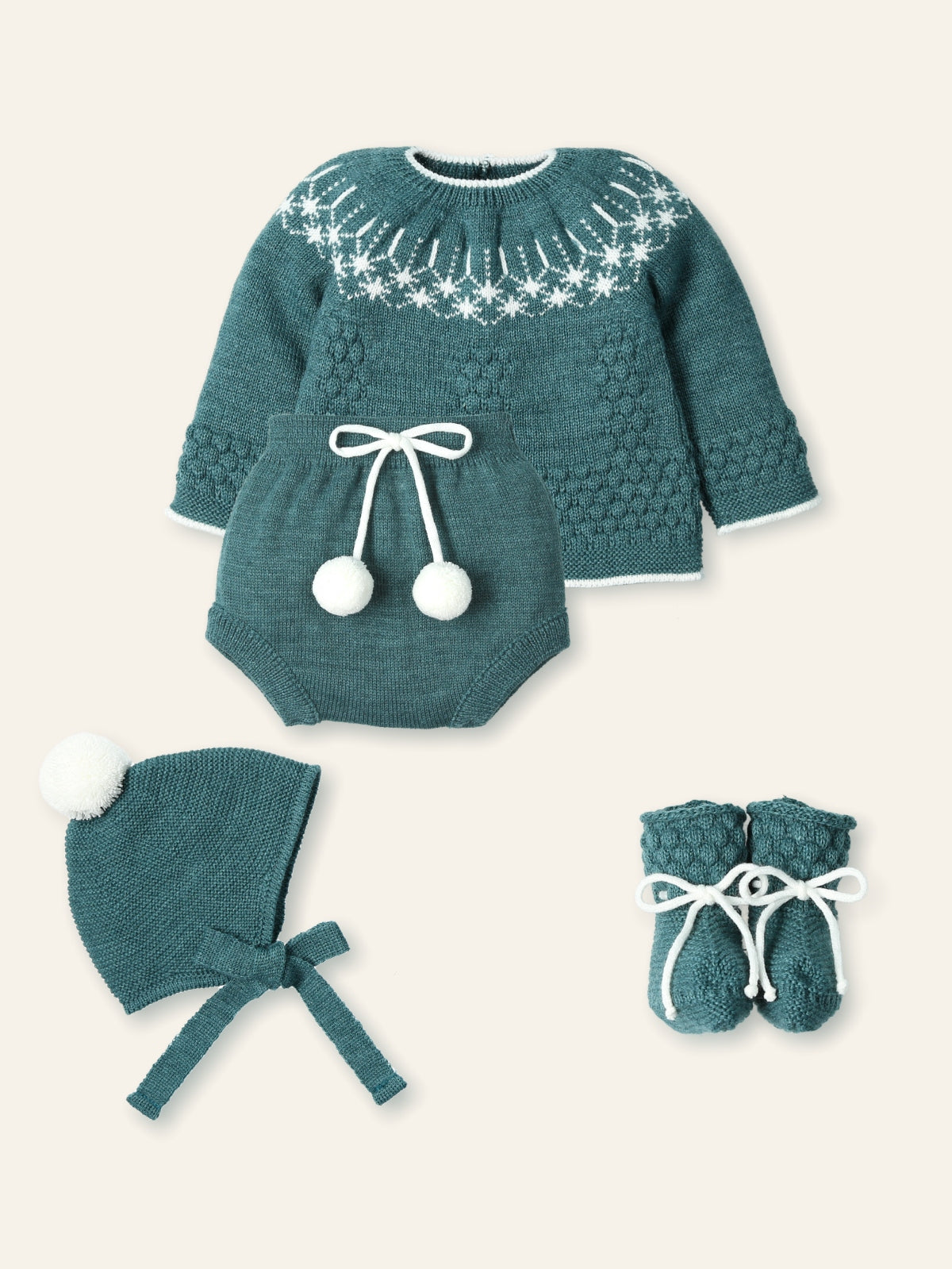 New In Mac Illusion Knitted Jacquard Sweater & Shorts w/ PomPom Hat & Booties