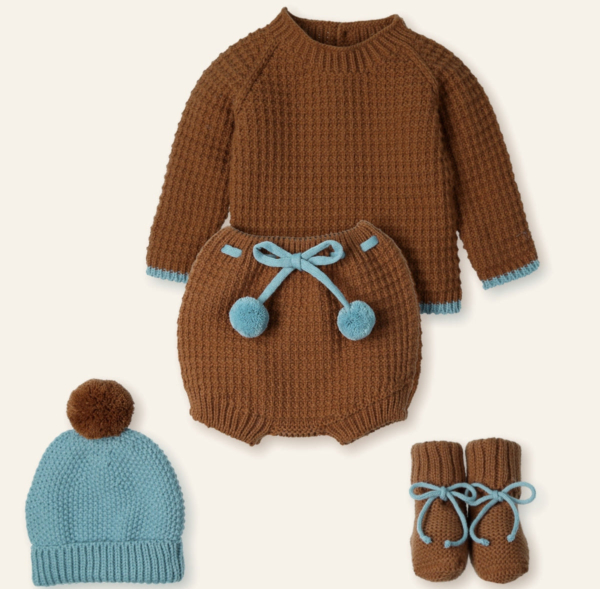 New In Mac Illusion Boys Knitted Sweater & Shorts w/ PomPoms, Pom Pom Hat & Booties