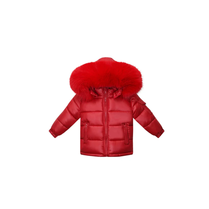 NEW IN WEE ME UNISEX RED PUFFER COAT WITH FAUX FUR HOOD