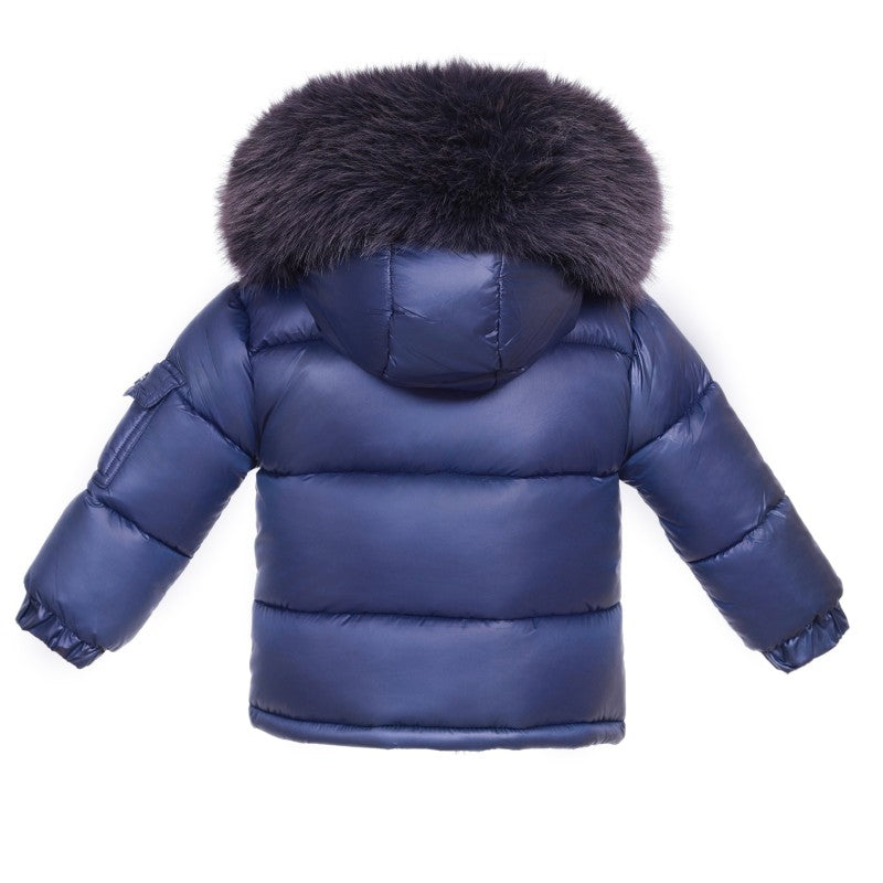 NEW IN WEE ME UNISEX NAVY PUFFER COAT WITH FAUX FUR HOOD