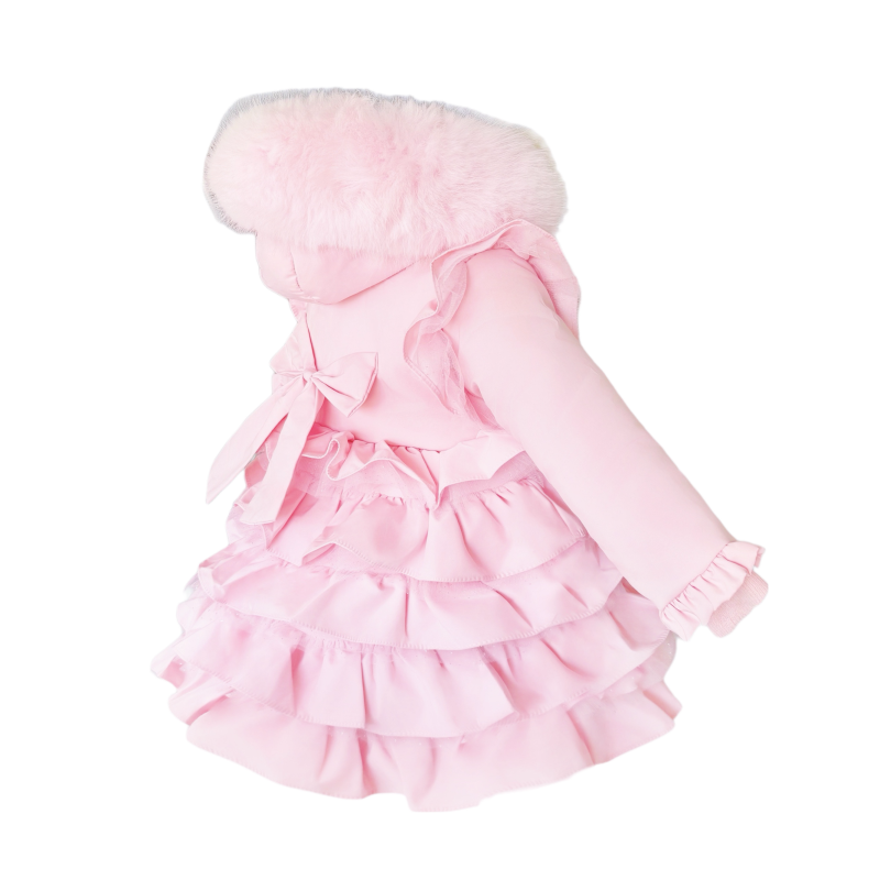 NEW IN WEE ME BABY GIRL PINK FRILLY BOTTOM COAT WITH FAUX FUR HOOD