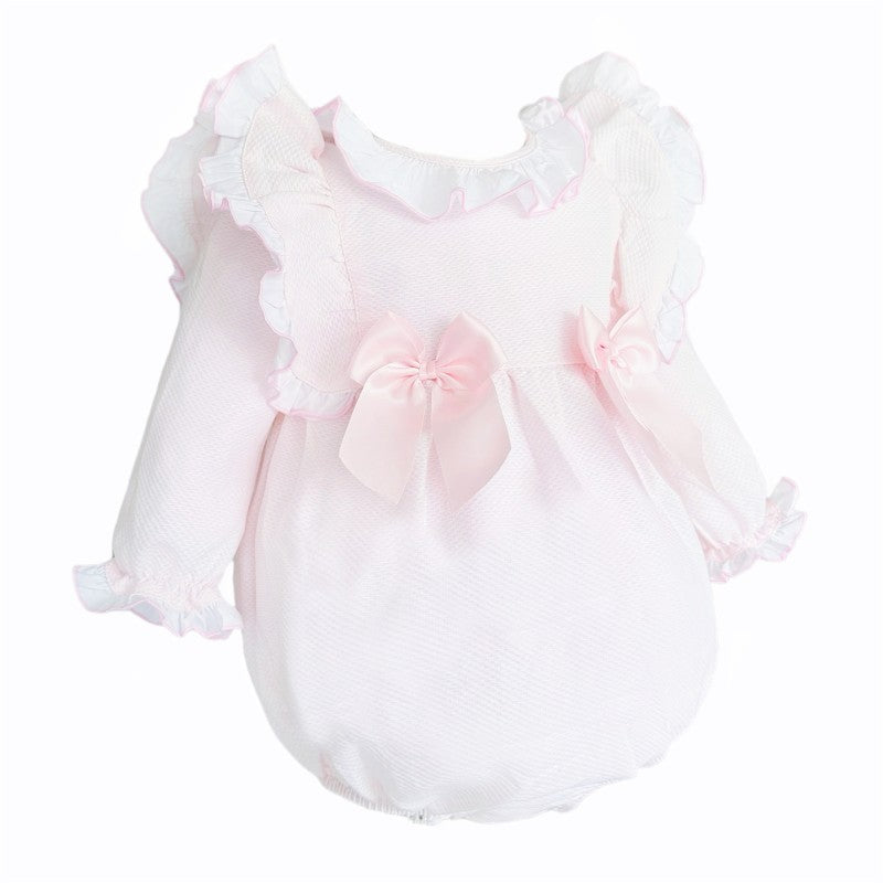 WEE ME BABY GIRL PINK WAFFLE FRILLY SHOULDER ROMPER