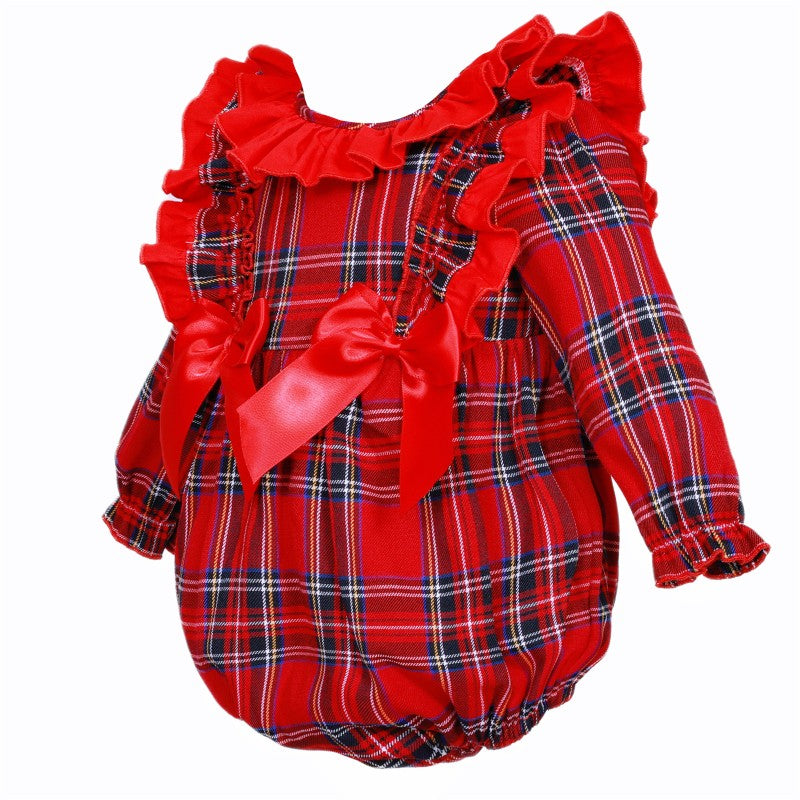 New In Wee Me Girls Red Tartan Frilly Shoulder Romper