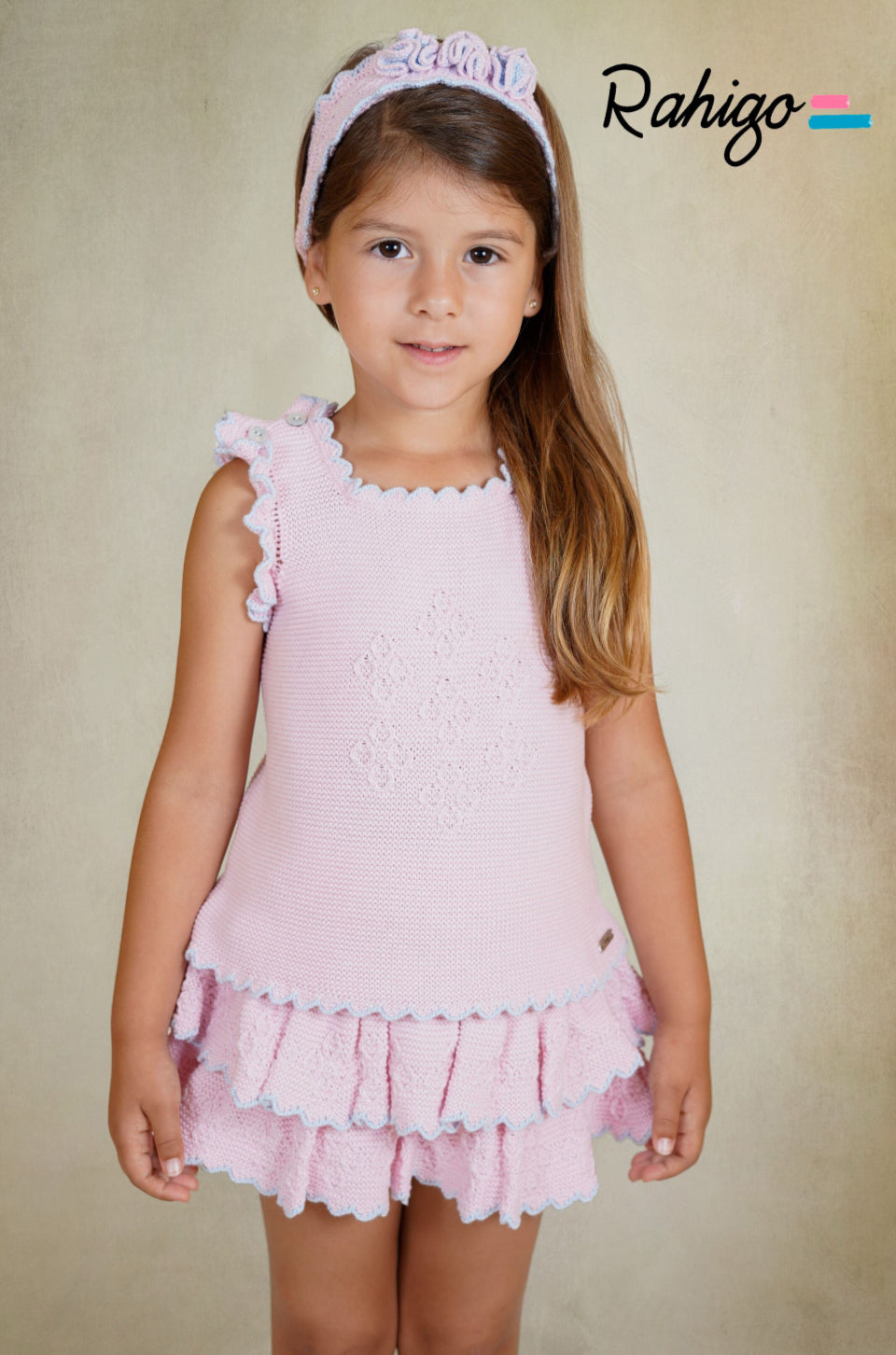 PRE ORDER New In Rahigo SS26 Girls 2pc Jumper & Skirt (Baby Pink Baby Blue)