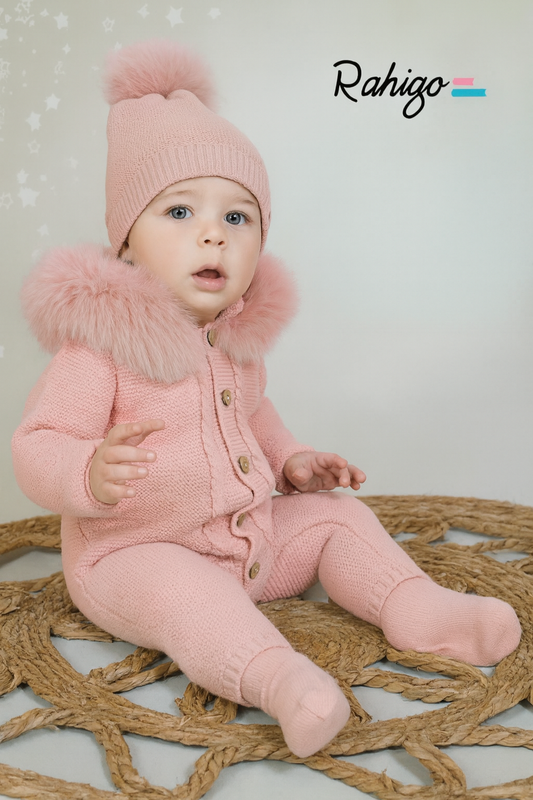 New In Rahigo AW25 Knitted Pram-suit With Fur Hood - BABY PINK
