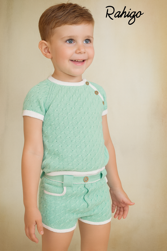 PRE ORDER New In Rahigo SS26 Boys 2 PC Jumper & Shorts ( Mint White )