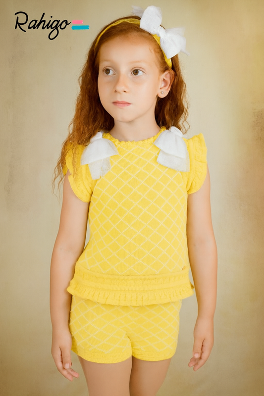 PRE ORDER New In Rahigo SS26 Girls Jumper & Shorts ( Yellow White )
