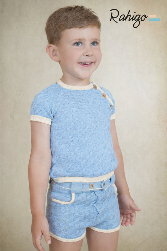 PRE ORDER New In SS26 Boys Jumper & Shorts ( Baby Blue Cream )