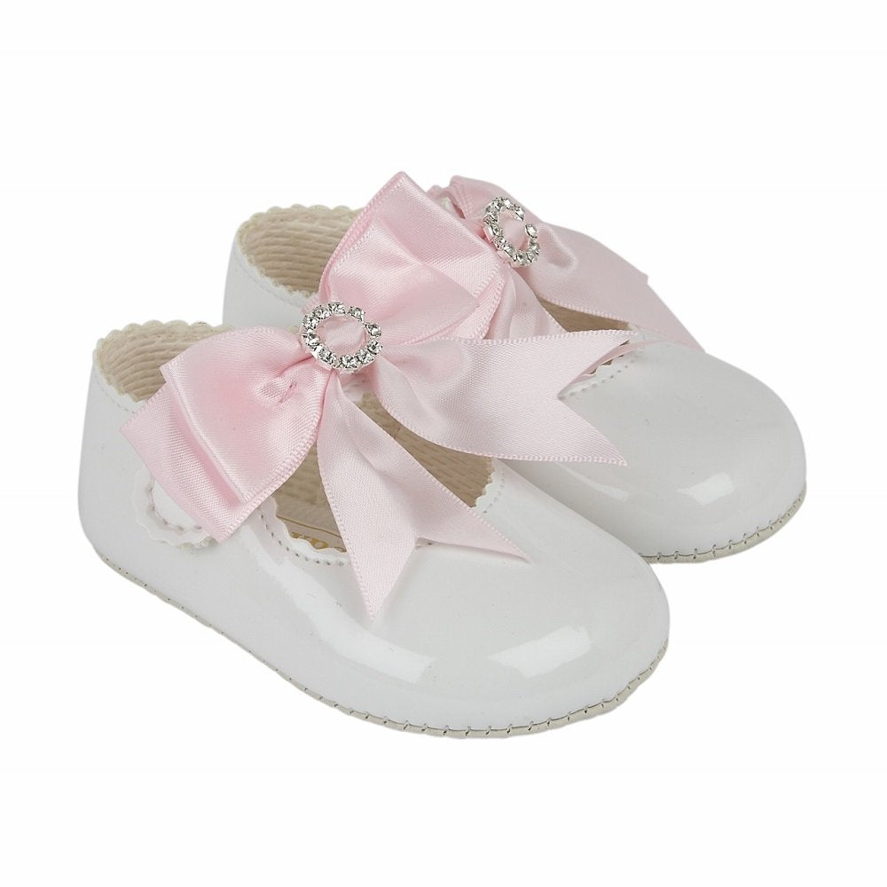 BayPods Bow & Diamante Soft Soled Shoe - White/Pink