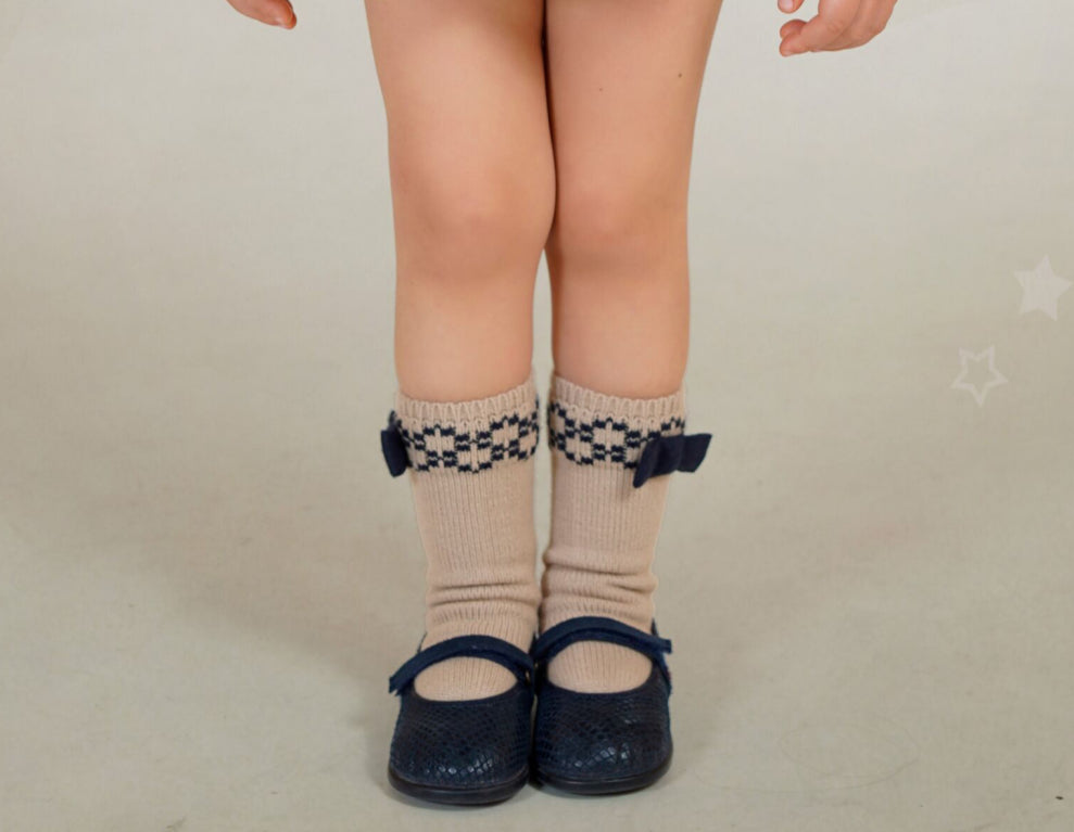 New In Rahigo AW25 Girls Socks w/ Bow - *CREAM* - NAVY