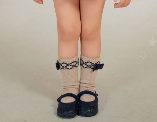 New In Rahigo AW25 Girls Socks w/ Bow - *CREAM* - NAVY