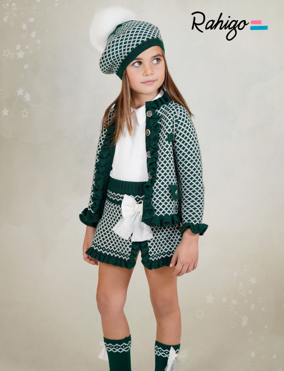 PRE-ORDER New In Rahigo AW25 Skirt, Blouse, Cardigan 3pc - BOTTLE GREEN - CREAM