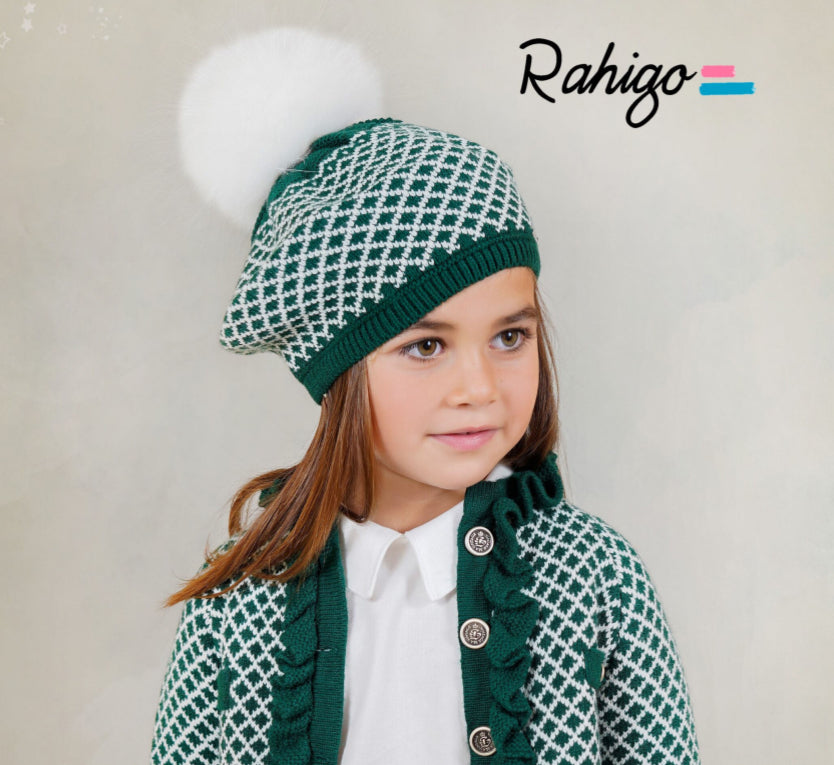 PRE-ORDER New In Rahigo AW25 PomPom Beret - Bottle Green - Cream