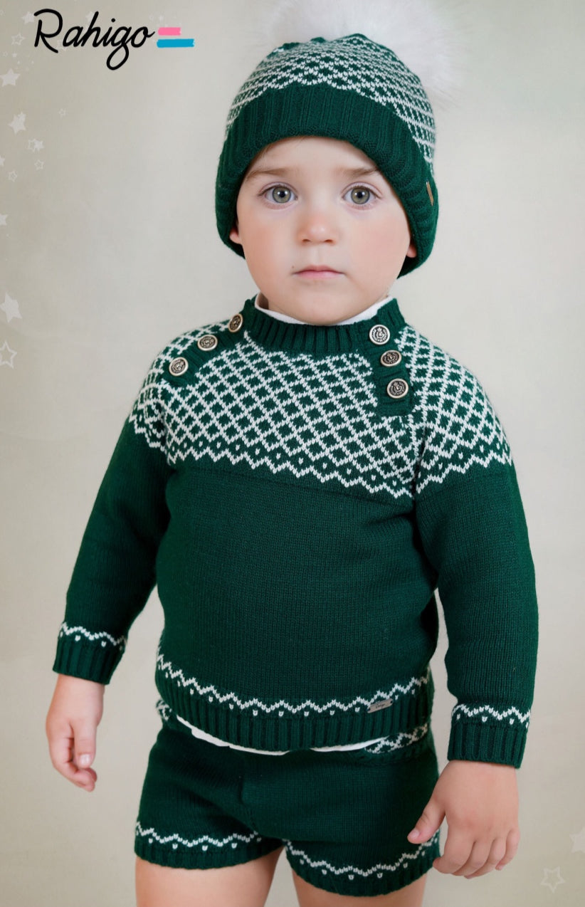 PRE-ORDER New In Rahigo AW25 Boys Jumper & Shorts Set - BOTTLE GREEN - CREAM