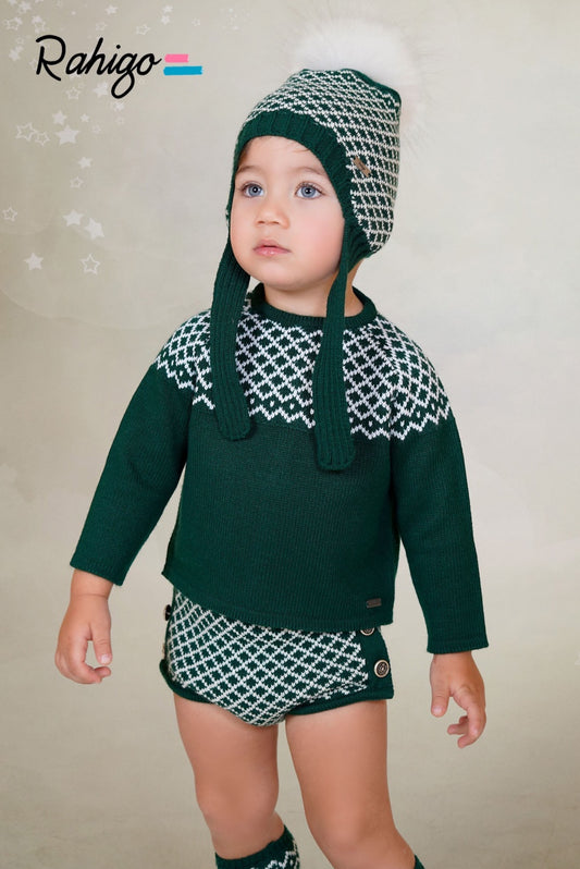 PRE-ORDER New In Rahigo AW25 Boys Jumper & Shorts Set - BOTTLE GREEN - CREAM