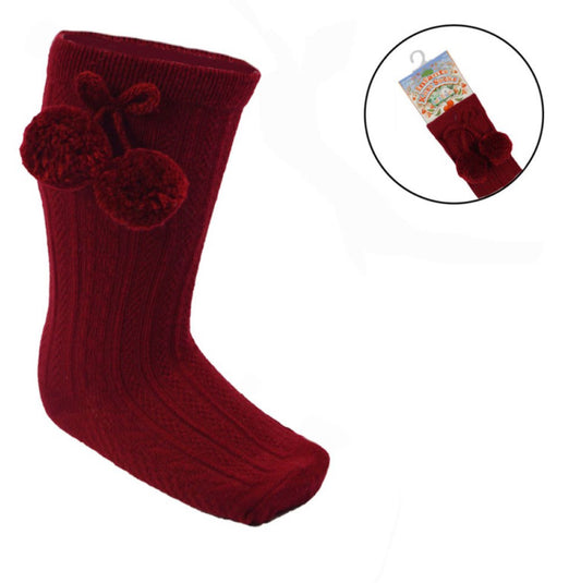 Burgundy Knee High PomPom Socks