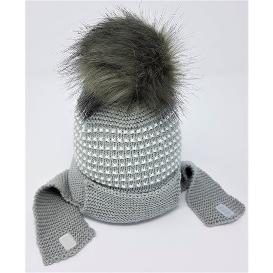 Baby PomPom Hat w/ Chin Strap - Grey