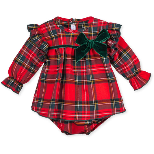 New In Calamaro Baby Traditional Red Tartan Dress with jam pants -