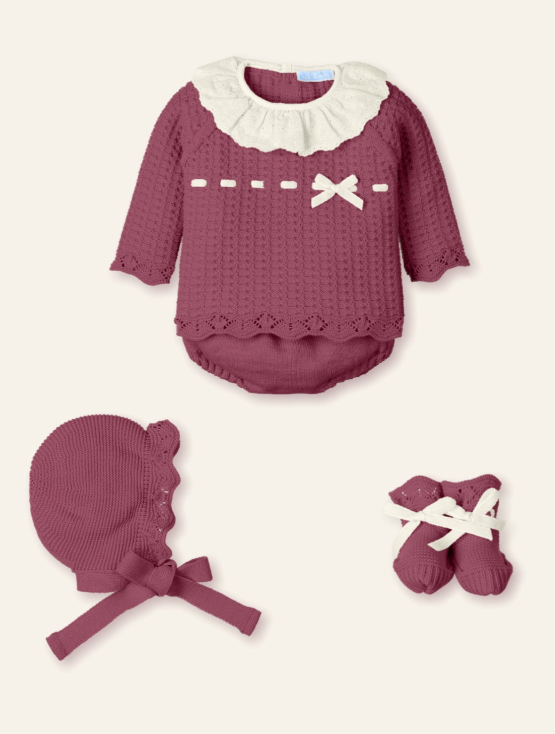 New In Mac Illusion Girls Sweater w/ Ruffle Lace Collar & Jam Pants, Hat & Booties