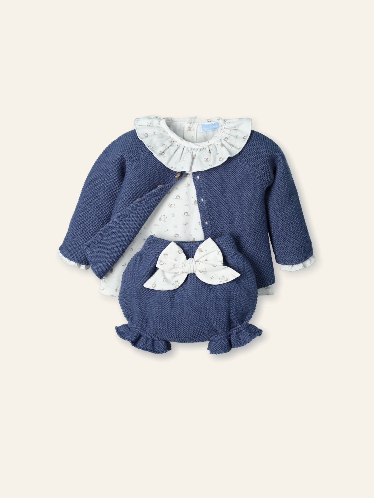 New In Mac Illusion Girls Cardigan, Printed Shirt w/ Ruffle Collar & Knitted Cullote w/ Bow