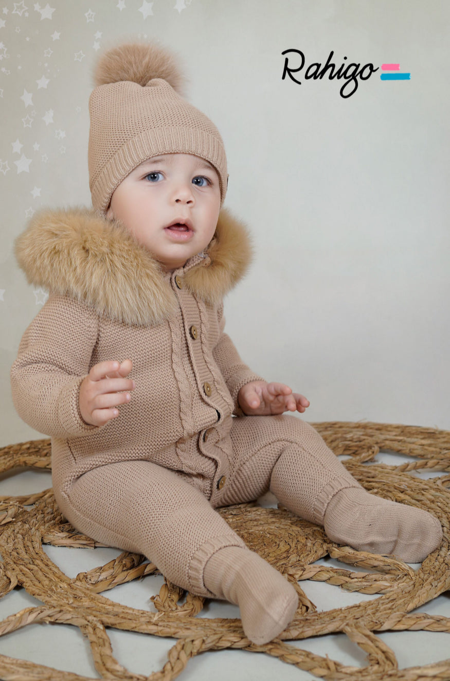 PRE-ORDER New In Rahigo AW25 Knitted Pramsuit With Fur Hood - *BABY BLUE*