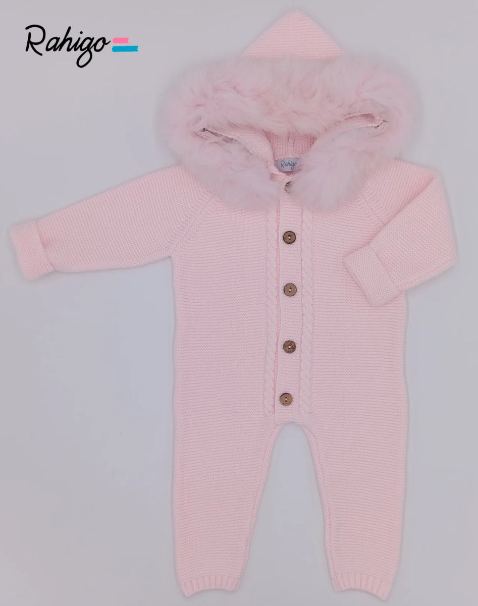 PRE-ORDER New In Rahigo AW25 Knitted Pramsuit With Fur Hood - *BABY PINK*