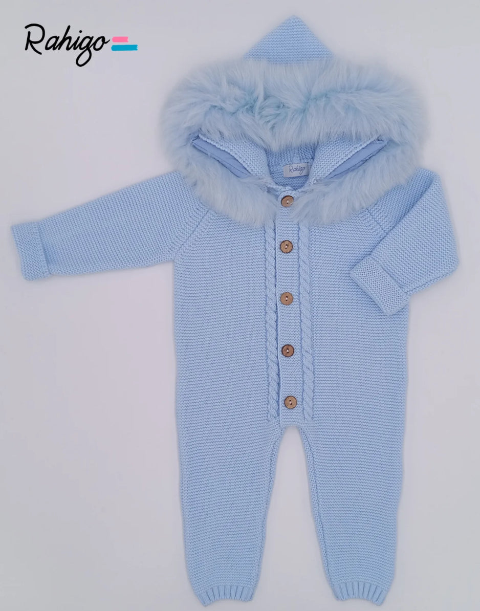 PRE-ORDER New In Rahigo AW25 Knitted Pramsuit With Fur Hood - *BABY BLUE*