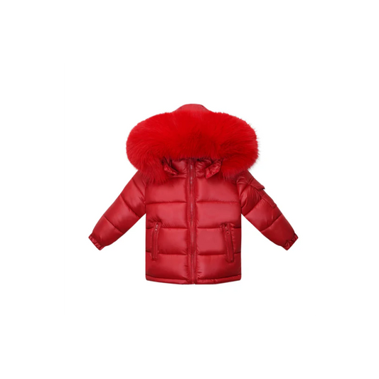 NEW IN WEE ME UNISEX RED PUFFER COAT WITH FAUX FUR HOOD