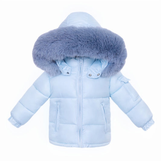 NEW IN WEE ME UNISEX BLUE PUFFER COAT WITH FAUX FUR HOOD