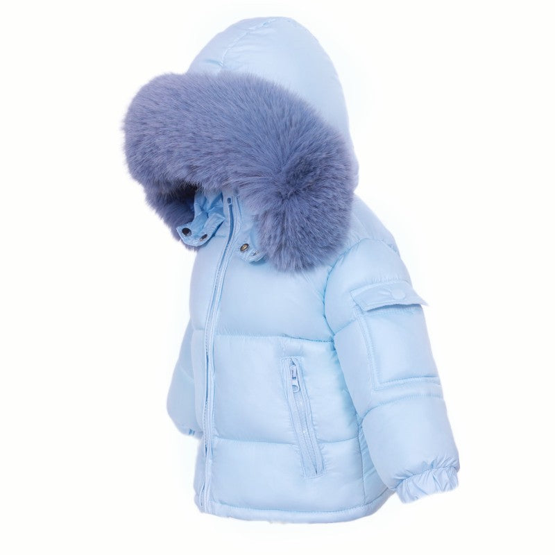 NEW IN WEE ME UNISEX BLUE PUFFER COAT WITH FAUX FUR HOOD