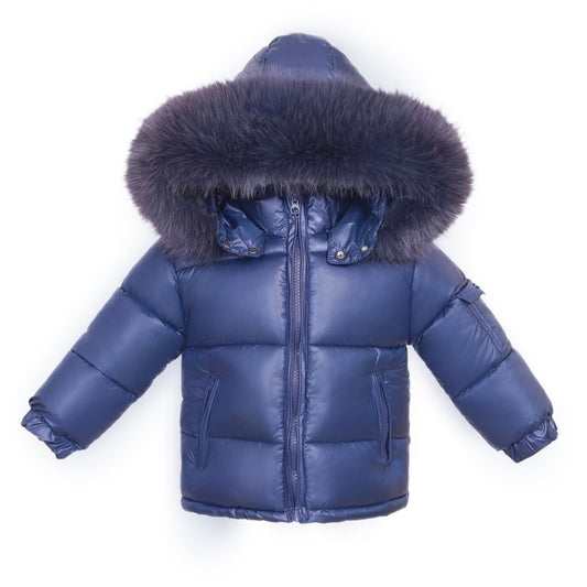 NEW IN WEE ME UNISEX NAVY PUFFER COAT WITH FAUX FUR HOOD