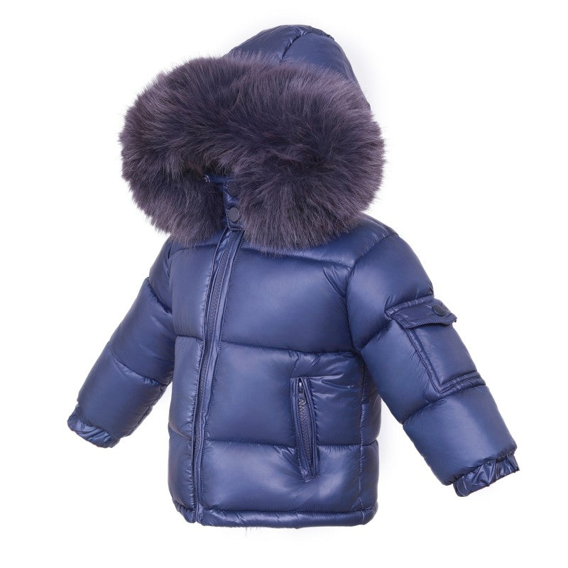 NEW IN WEE ME UNISEX NAVY PUFFER COAT WITH FAUX FUR HOOD