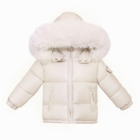 NEW IN WEE ME UNISEX CHAMPAGNE COLOUR PUFFER COAT WITH FAUX FUR HOOD