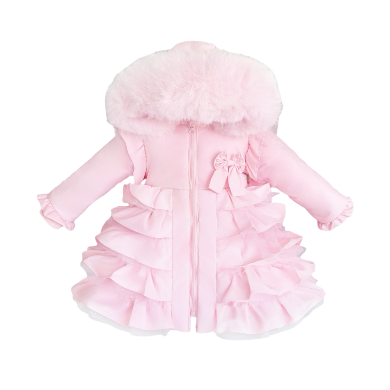 NEW IN WEE ME BABY GIRL PINK FRILLY BOTTOM COAT WITH FAUX FUR HOOD