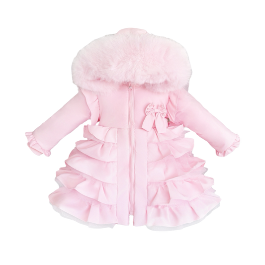 NEW IN WEE ME BABY GIRL PINK FRILLY BOTTOM COAT WITH FAUX FUR HOOD