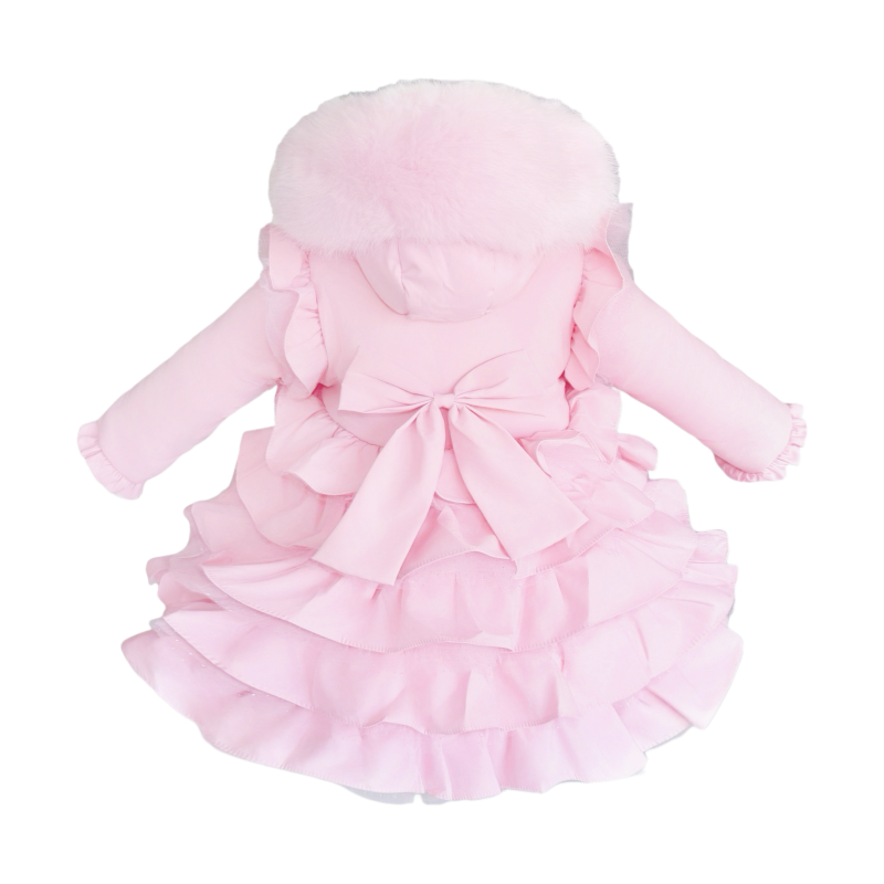 NEW IN WEE ME BABY GIRL PINK FRILLY BOTTOM COAT WITH FAUX FUR HOOD