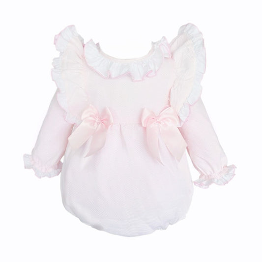 WEE ME BABY GIRL PINK WAFFLE FRILLY SHOULDER ROMPER