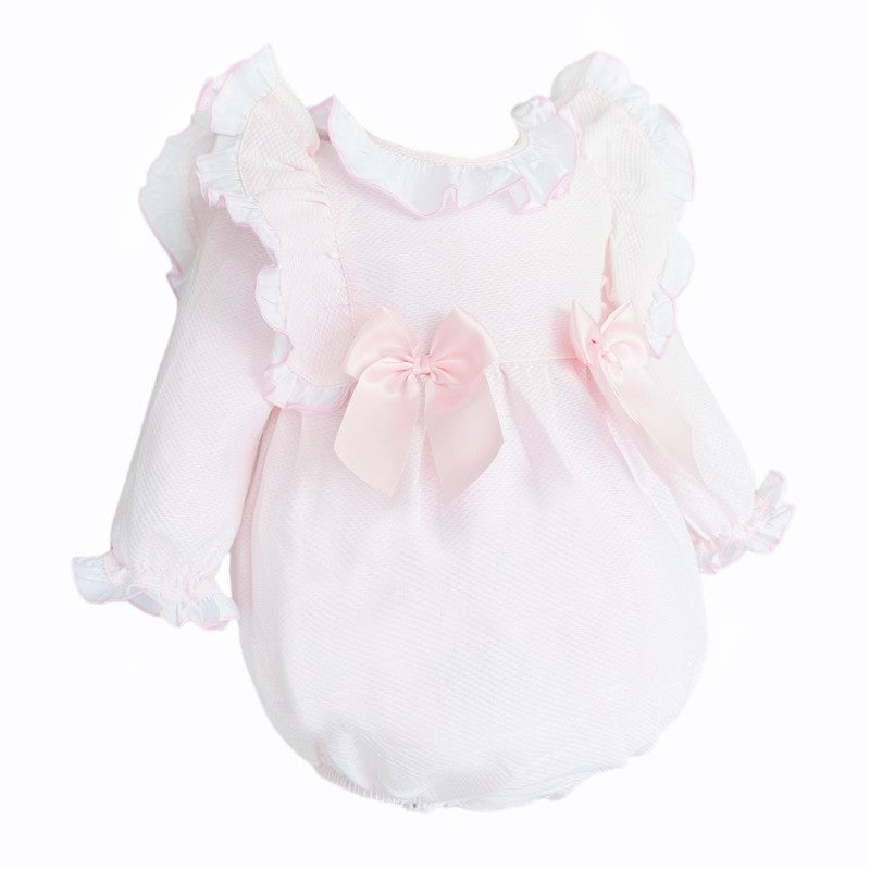 WEE ME BABY GIRL PINK WAFFLE FRILLY SHOULDER ROMPER