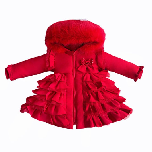 NEW IN WEE ME BABY GIRL RED FRILLY BOTTOM COAT WITH FAUX FUR HOOD