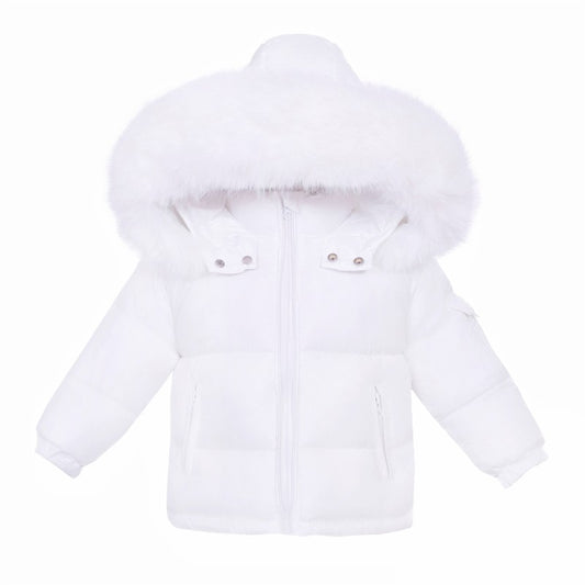NEW IN WEE ME BABY UNISEX WHITE PUFFER COAT WITH FAUX FUR HOOD