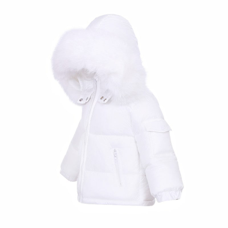NEW IN WEE ME BABY UNISEX WHITE PUFFER COAT WITH FAUX FUR HOOD
