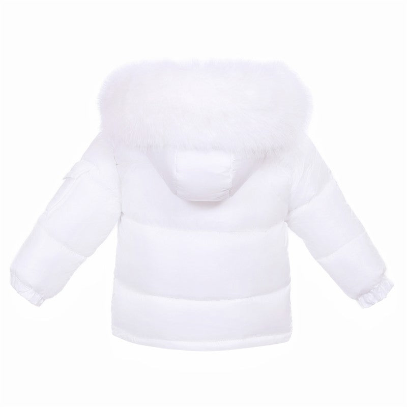 NEW IN WEE ME BABY UNISEX WHITE PUFFER COAT WITH FAUX FUR HOOD