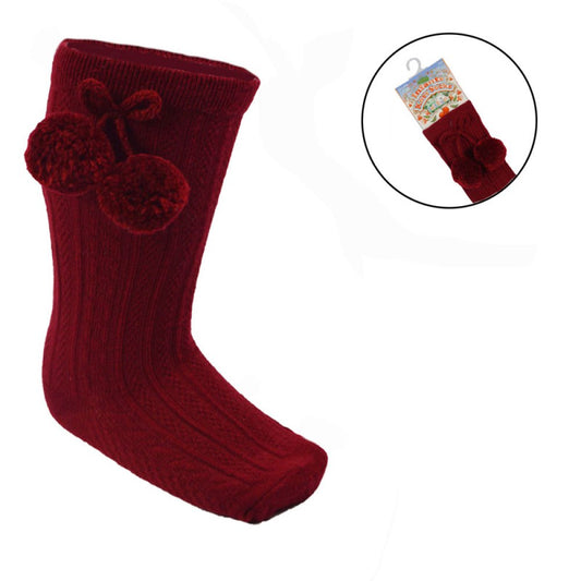 Burgundy Knee High PomPom Socks