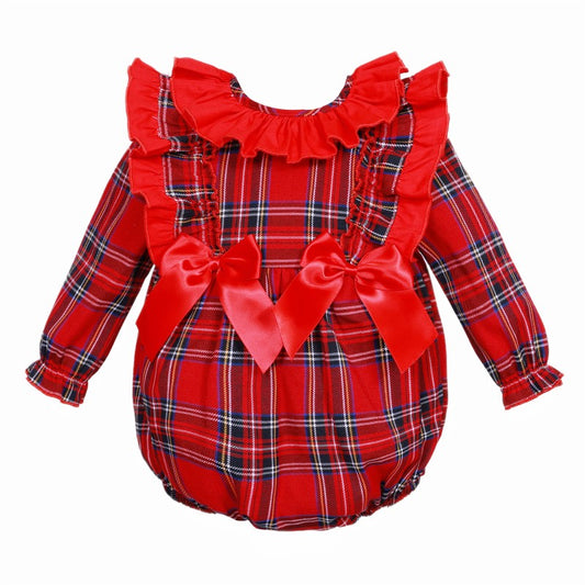 New In Wee Me Girls Red Tartan Frilly Shoulder Romper