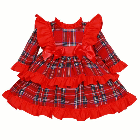 New In Wee Me Girls Tartan Frilly Shoulder Puff Dress